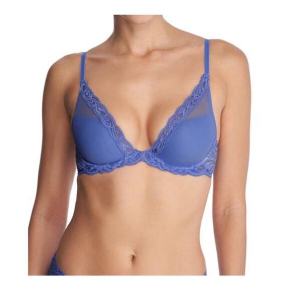 NWT natori bra 32C Feathers Lace Contour Underwire Plunge Bra smoky iris dolphin - Picture 1 of 10